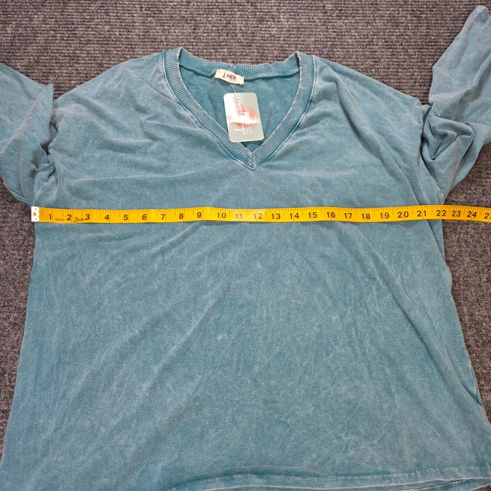 J. HER Mineral Wash Top Women's Size M Teal Blue V-Neck Long Sleeve Cotton NWT - Picture 6 of 8
